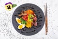Poke bowl with moshroom, rice, agg and vegetables Royalty Free Stock Photo