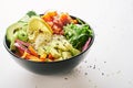 poke bowl with salmon, avocado, cucumber, arugula, broccoli, rice, carrot and sweet onions over white background. side