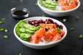 Poke Bowl. Salmon, beans, rice in a bowl