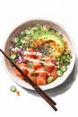 Poke bowl with salmon islated on white background AI generated