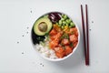 Poke bowl with salmon islated on white background AI generated