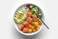 Poke bowl with salmon islated on white background AI generated