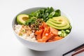 Poke bowl with salmon islated on white background AI generated