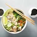 Poke bowl with silken tofu, rice and vegetables