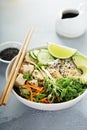 Poke bowl with silken tofu, rice and vegetables