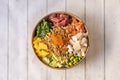 Poke Bowl with trio of fish, butterfish, Norwegian salmon Royalty Free Stock Photo