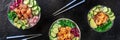 Poke bowl variety panorama with chopsticks. Healthy Hawaiian dish