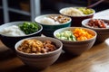 Poke bowl with various healthy foods, vegetables, cereals. Top view, flat lay, copy space. Generative AI Royalty Free Stock Photo