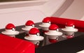 6 Pokeballs on a black plate, decoration at the Pokemon Center Mega Tokyo in Japan