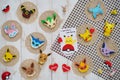 Pokemon Cookies. Top view of freshly made cookies in Pokemon concept with Pikachu, Eevee and friends Royalty Free Stock Photo