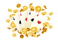 Poker banner, golden coins jackpot, Casino 3d cover, gaming aces of the card. Vector Royalty Free Stock Photo