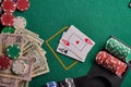 Poker, blackjack. Gaming business. Poker table with money, chips and a pair of aces. Internet poker, win Royalty Free Stock Photo