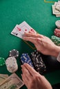 Poker, blackjack. Gaming business. Poker table with money, chips and a pair of aces. Internet poker Royalty Free Stock Photo