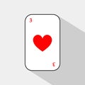 Poker card. HEART THREE. white background to be easily separable.