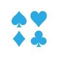 Poker card suits - hearts, clubs, spades and diamonds. Casino gambling theme vector illustration. Simple shapes in blue