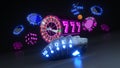 Poker Cards, Casino Chips, Roulette Wheel And Slot With Neon Lights - 3D Illustration