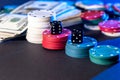 Poker cards, chips, dice and dollars Royalty Free Stock Photo