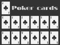 Poker cards, deck of cards, cards club suit. Isolated playing card. Vector