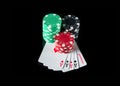 Poker cards with five of a kind combination and chips. This is the maximum win