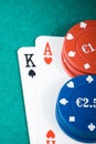 Poker cards and gambling chips on green table Royalty Free Stock Photo