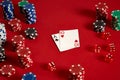 Poker cards and gambling chips on red background