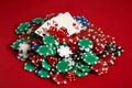 Poker cards and gambling chips on red background