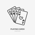 Poker cards line icon, vector pictogram of blackjack game. Four aces illustration, casino gambling sign