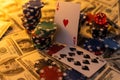 Poker cards royal flush, cash money dollar bills. Gambling, casino chips, dices. Casino tokens, gaming chips, checks, or Royalty Free Stock Photo