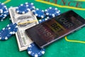 Poker cards royal flush, cash money dollar bills. Gambling, casino chips, dices. Casino tokens, gaming chips, checks, or Royalty Free Stock Photo