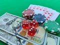 Poker cards royal flush, cash money dollar bills. Gambling, casino chips, dices