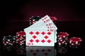 Poker cards with a royal flush combination. Close-up of playing cards and chips in casino Royalty Free Stock Photo