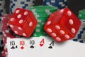 Poker cards showing full house and chips, jetons and red dices Royalty Free Stock Photo