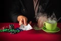 Poker cards with three of a kind or a set combination. Close-up of a player hand holding playing cards in a casino Royalty Free Stock Photo