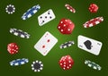 Playing cards, poker chips and dice fly casino on classic green background. Poker casino vector illustration. Online casino game Royalty Free Stock Photo