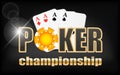 Poker championship banner. 4 aces and a casino chip on a black background Royalty Free Stock Photo
