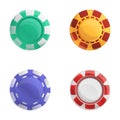 Poker chip icons set cartoon . Four colorful poker chip