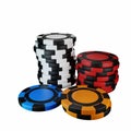 Poker chip realistic colored 3D stack, casino money pile, gambling plastic game currency.