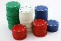 Poker chip stacks green, red, white, blue Royalty Free Stock Photo