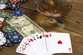 Poker chips card alcohol and gambling Royalty Free Stock Photo