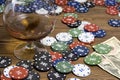 Poker chips card alcohol and gambling playing Royalty Free Stock Photo
