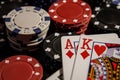 Poker chips and cards on a black background. Close-up Royalty Free Stock Photo