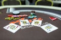 Poker chips and cards on casino