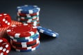 Poker chips, cards and dices on table, closeup. Space for text Royalty Free Stock Photo