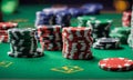 poker chips and cards gambling, fortune, game and entertainment concept close up of casino chips on green table surface