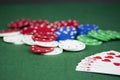 Poker chips and cards on a green table Royalty Free Stock Photo