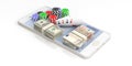 Poker chips, cards and money on a smartphone, white background. 3d illustration Royalty Free Stock Photo