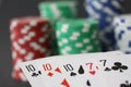 Poker Chips and cards showing full house with 10 and ace in close up Royalty Free Stock Photo