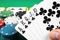 poker chips and cards on the table, winning royal flush combination. Selective focus Royalty Free Stock Photo