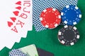 Poker chips with cards and a winning combination of cards