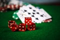 Poker Chips in casino gamble green table.